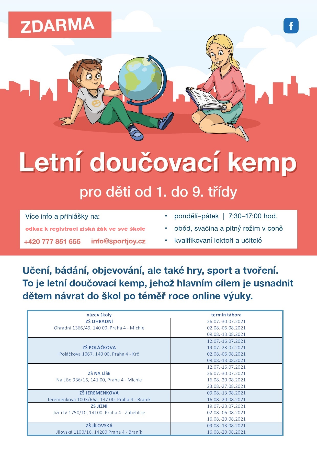 letni kempy doucovani zdarma 2021