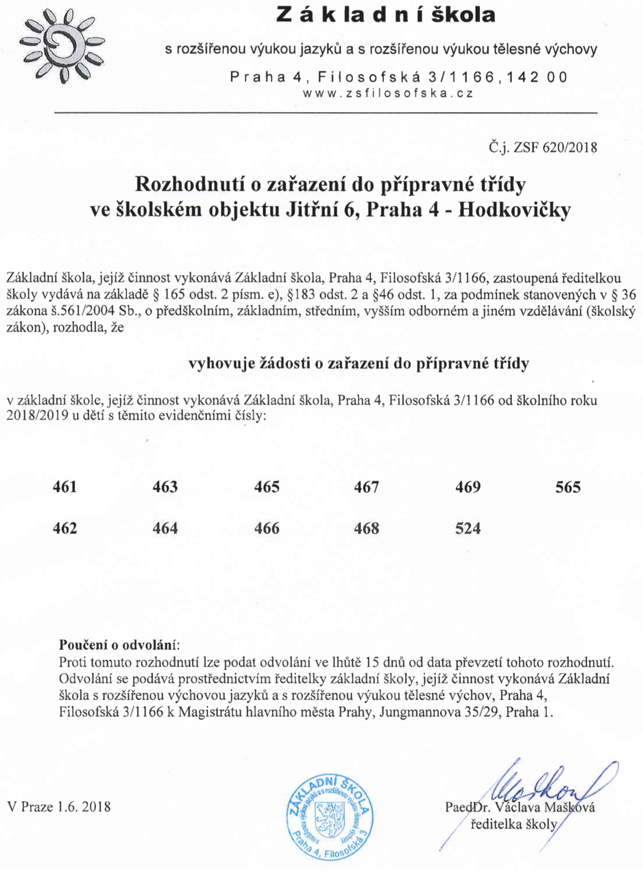 rozhodnuti o zarazeni do pripravne tridy 2018